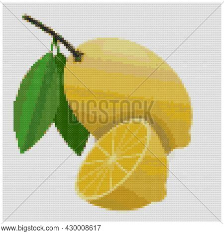 Lemon Fruit Slice With Leaf On White Background. Illustration Of Cross Stitch Embroidery. Imitation 