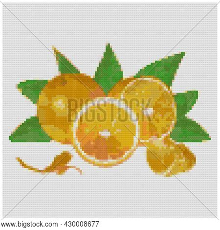 Orange Fruit Slice With Leaf On White Background. Illustration Of Cross Stitch Embroidery. Imitation