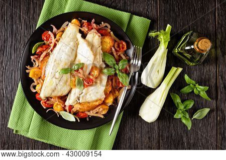 Acqua Pazza, Italian Poached Fish In A Tomato And White Wine Based Sauce With Fennel, Herbs And Cris