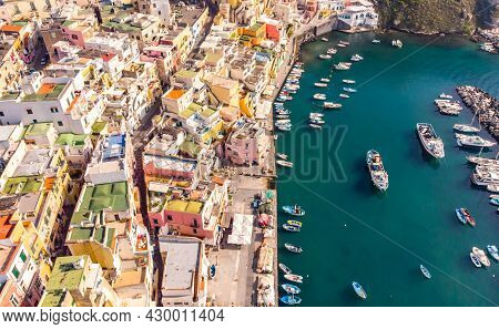 Aerial Drone View Of Corricella Fisherman Village In Procida Island Naples Italy