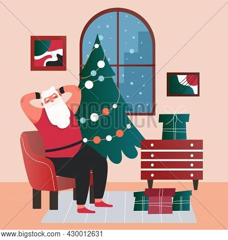 Santa Claus Sitting At Home. Rest On Christmas Night. Winter Holidays. Christmas Tree With Bright Li