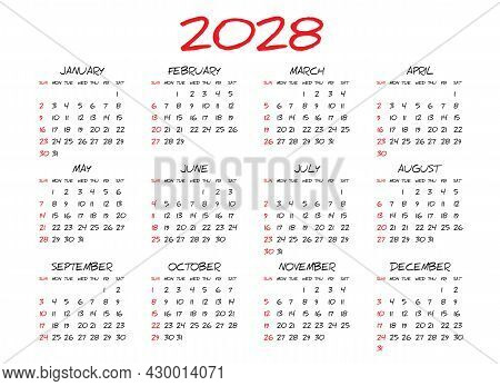 Monthly Calendar Template For 2028 Year, Simple Calendar Design, Planner, Week Starts On Sunday, Wal