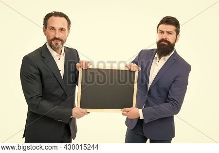 Educational Project. Businessmen Hold School Blackboard. Corporate Business Education. Study Busines