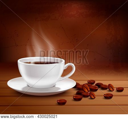 Coffee Poster With Realistic White Porcelain Cup On Textured Background Vector Illustration