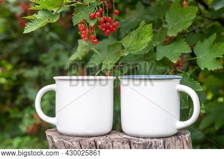 Two Mugs Mockup With Bokeh Green Nature. Farmhouse Rustic Style. White Coffee Cup Mock Up. Blank Mug