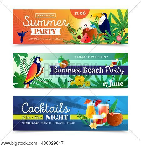 Tropical Cocktail Summer Beach Night Party Date Time Announcement 3 Colorful Horizontal Banners Set 