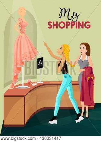 Young Blonde Girl  And Seller Looking At Dummy In Rose Dress In Interior Of Clothes Shop Flat Vector
