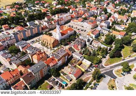 Aerial View Of Small European City With City Streets And Residential Buildings. Katy Wroclawskie Pan
