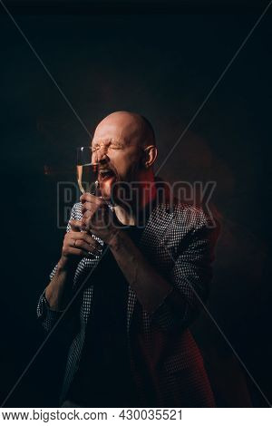 Party Overdrink. Foolish Man. Festive Drink. Holiday Celebration. Ridiculous Guy Showing Grimace Ton