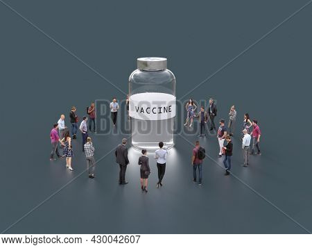 a group of people standing around a bottle of vaccine, 3d illustration