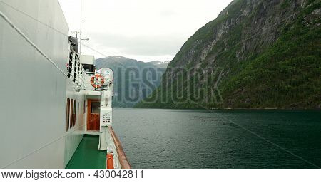 Sunnylvsfjorden, Norway. Touristic Ship Ferry Boat Floating Through Waters Of Sunnylvsfjorden In Spr