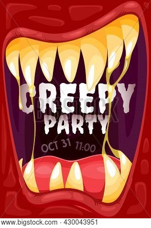 Halloween Vampire Mouth And Teeth Vector Poster Of Monster Party And Trick Or Treat Horror Night. Sc