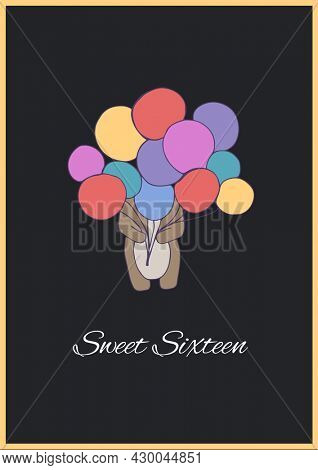 Composition of birthday party text over balloons icons on black backgtound. event invitation concept digitally generated image.