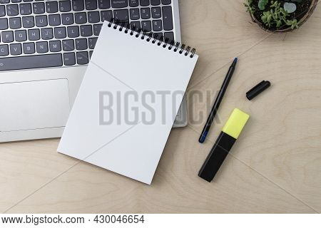 Online Work, Education Or Freelancing. Blank Notepad Close Up On Laptop.
