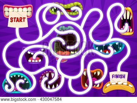 Kids Search Way Game With Monsters Open Toothy Maws. Children Find Path Exercise, Cartoon Vector Chi