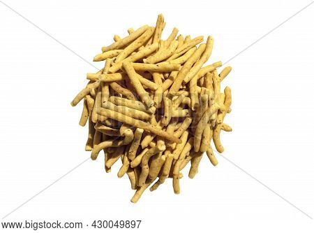 Ratlami Sev Isolated On White Background. Popular Gujarati Snack. Top View. Indian Street Snack.