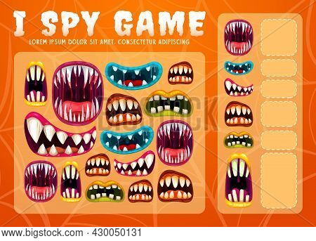 Child I Spy Game With Halloween Monsters Teethed Maws. Children Math Activity, Educational Game Or C