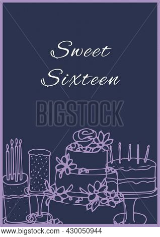 Composition of birthday party text over birthday cakes icons on purple backgtound. event invitation concept digitally generated image.