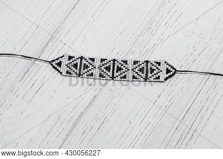 Ethnic Decoration, Wrist Bracelet, Visonane With A Bead. Hand Weaving Beading, Geometric Pattern.
