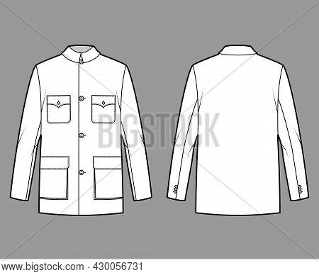 Mao Jacket Technical Fashion Illustration With Oversized, Classic Collar, Flap Pockets, Long Sleeves