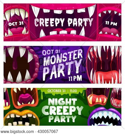 Creepy Party Night Vector Flyers With Monster Mouths. Halloween Horror Night Event Invitation Cards 