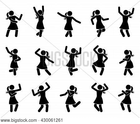 Happy Stick Figure Woman Dancing Hands Up Different Poses Vector Icon Set. Stickman Girl Enjoying, J