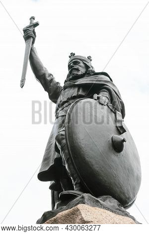 Winchester, United Kingdom, 10th August 2021:- A Statue Of King Alfred The Great, King Of The West S