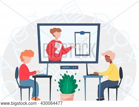 Video Conference Online Meeting. People Group On Computer Screen Taking With Colleague. Online Conve