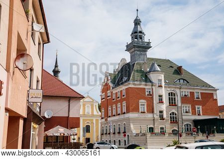 Hodonin, South Moravia, Czech Republic, 03 July 2021: Baroque Church Of St. Lawrence And Town Hall W