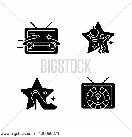 Tv Genres Black Glyph Icons Set On White Space. Car Racing Broadcast. Dancing Competition. Fashion P