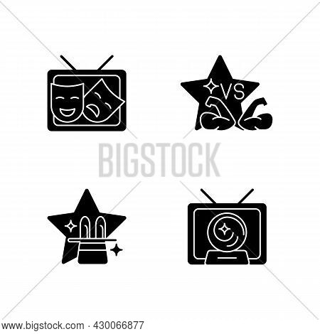Tv Shows Genres Black Glyph Icons Set On White Space. Drama Series. Talent Contest. Mystical Serial.