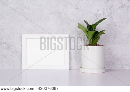 Mockup White Frame Horizontal And Plants In Pot On Table Top At Home, Mock Up Poster For Presentatio