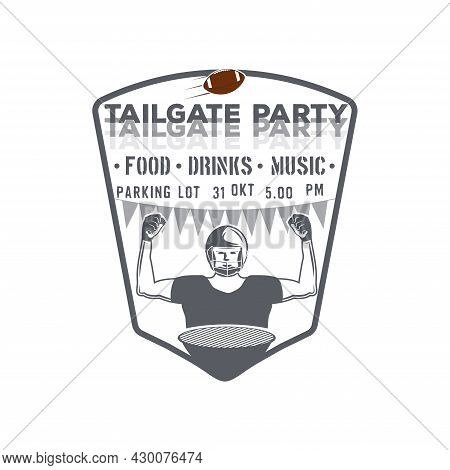 Tailgate Party Emblem Monochrome Badge With Rugby Player And Grill