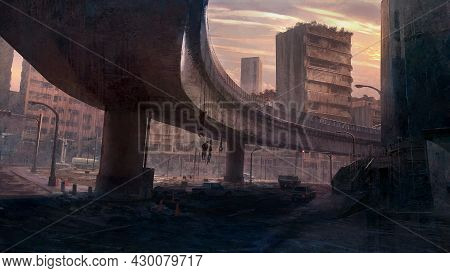 Digital Matte Painting Of Environment Scene In Old City With Cartel Corpses Under The Bridgejpeg