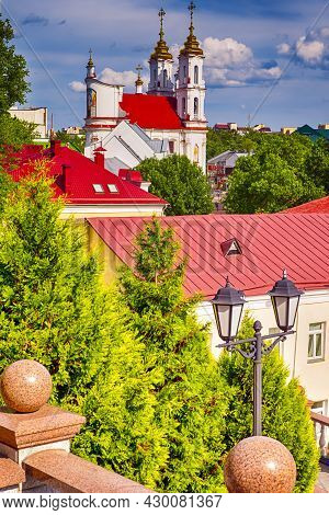 Travel Destinations. Cityscape Of Vitebsk With Resurrection Cathedral In Background And Line Of Anci