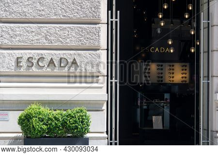 Vienna, Austria - July 27, 2021: The Wall And Entrance To The Escada Fashion Store Which Sells Styli