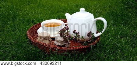 Healthy Chamomile Tea Poured Into White Cup. Teapot, Small Honey Jar, Heather Bunch And Glass Jar Of
