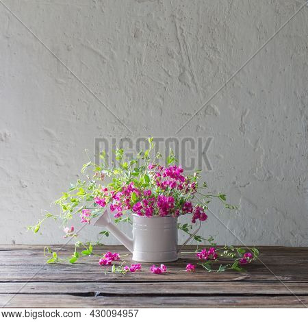 Pink Summer Flowers In Watering Can On Background White Wall