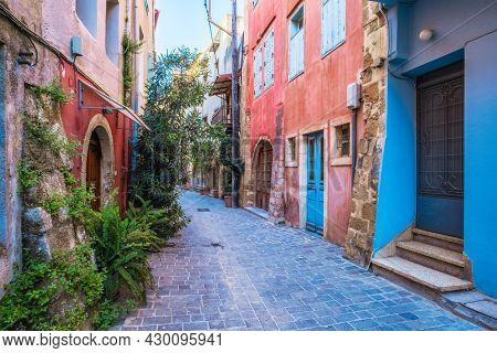 Scenic picturesque streets of Chania venetian town with coloful old houses. Chania greek village in the morning. Chanica, Crete island, Greece