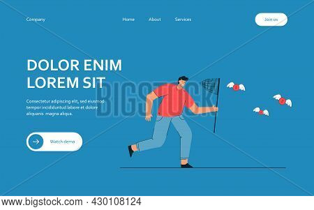 Man Catching Winged Coins With Butterfly Net. Flat Vector Illustration. Male Cartoon Character Achie