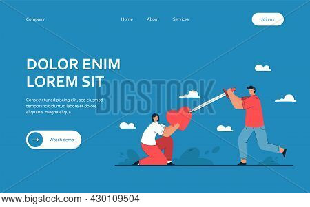 Young Man Broking Heart That Girl Holding. Flat Vector Illustration. Cartoon Guy Striking Woman Hear