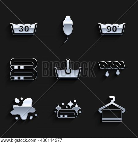 Set Temperature Wash, Towel Stack, On Hanger, Squeeze Clothes, Water Spill, And Icon. Vector