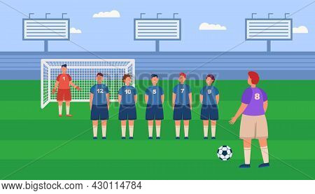 Cartoon Football Player Ready For Penalty Kick At Stadium. Man Kicking Soccer Ball Towards Goalkeepe