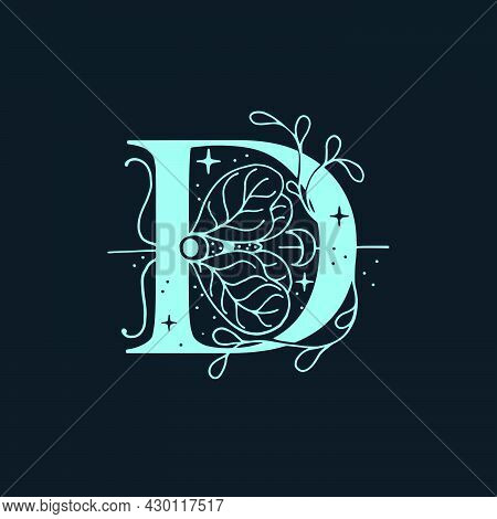 D Letter Logo In The Astrological Style. Hand Drawn Monogram For Magic Postcards, Medieval Style Pos