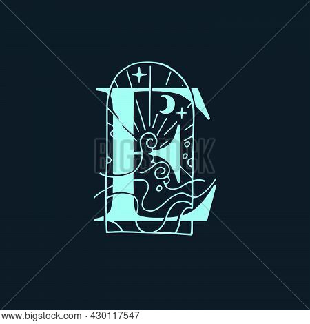 E Letter Logo In The Astrological Style. Hand Drawn Monogram For Magic Postcards, Medieval Style Pos