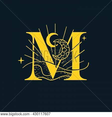 M Letter Logo In The Astrological Style. Hand Drawn Monogram For Magic Postcards, Medieval Style Pos