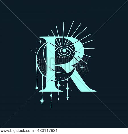R Letter Logo In The Astrological Style. Hand Drawn Monogram For Magic Postcards, Medieval Style Pos