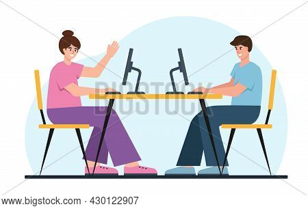 Young Business People Working Togeter At Computers. Man And Woman On Work Place. Male And Female Cha