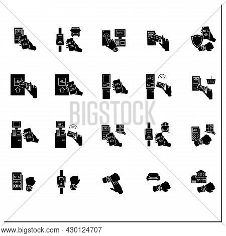 Nfc Technology Glyph Icons Set. Safety Payment System On Smart Watch Or Mobile Phone. Near Field Com
