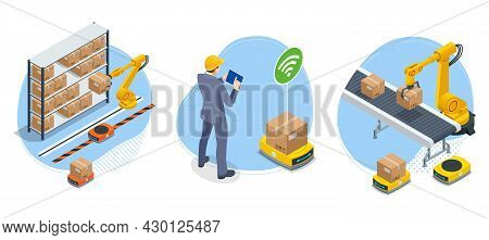 Isometric Yellow Robotic Arm Carry Cardboard Box In Warehouse. Automated Warehouse. Autonomous Robot